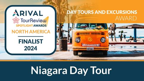 Arival TourReview Spotlight Awards Finalist 2024; orange van and Niagara Day Tour text.